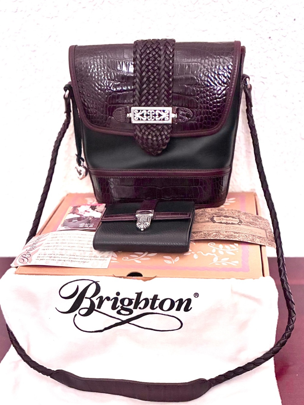 Brighton Cheryl Croc-Texture Leather Messenger with Wallet & Braided Strap